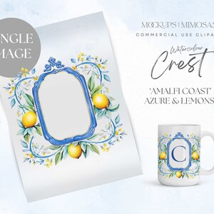 ClipArt CREST singolo acquerello mediterraneo: Grafica stemma araldico ad acquerello a tema limone, blu e giallo.
