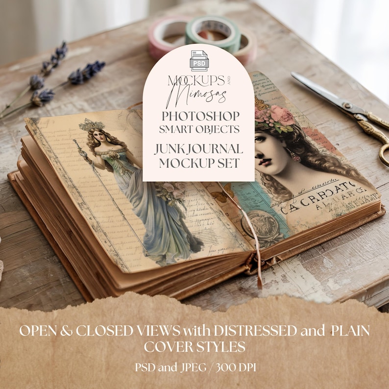 Junk Journal Mockup for Photoshop. Rustic Vintage Book Display. image 1
