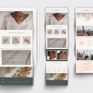 Peut inclure: Capture d'&eacute;cran d'un site Web pr&eacute;sentant une collection de bijoux en or avec le texte "Beauty grown" et "The Theia Collection". Le site Web pr&eacute;sente &eacute;galement un slogan : "Beauty that doesn't come at the expense of the earth".