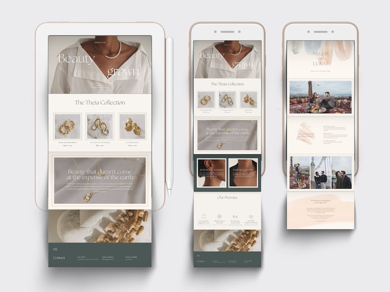 Peut inclure: Capture d'&eacute;cran d'un site Web pr&eacute;sentant une collection de bijoux en or avec le texte "Beauty grown" et "The Theia Collection". Le site Web pr&eacute;sente &eacute;galement un slogan : "Beauty that doesn't come at the expense of the earth".