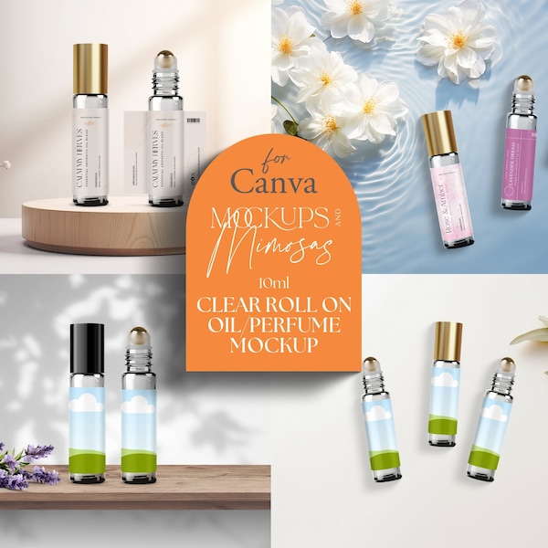 CLEAR GLASS Essential Oil Bottle Mockup for CANVA. 10ml Roll-on Perfume Bottle. Label mockup for Apothecary Bottle. Roller ball vial.