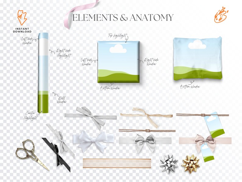 May include: A digital illustration showing the elements and anatomy of a gift box design. The design features a green and blue landscape with a white cloud. The illustration includes a top highlight, side shadows, and a bottom shadow.