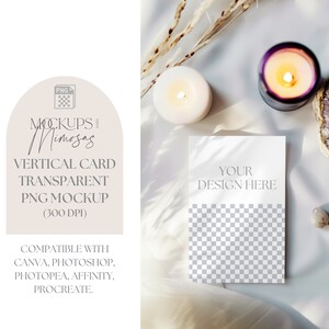 Maqueta de invitación/tarjeta vertical plana. Salud y Bienestar. Cristales y velas de Amatista femenina. Superposición PNG de área transparente.
