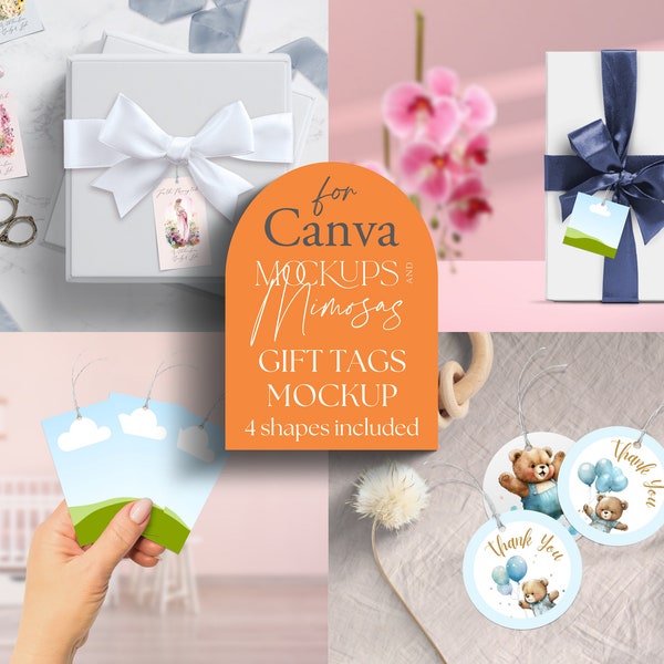 CANVA GIFT TAG Mockup. 2 x 3.5 inch.  Round Tag. Square Tag. Label Mockup. Add your own design and backgrounds. Party Favor Mockup.