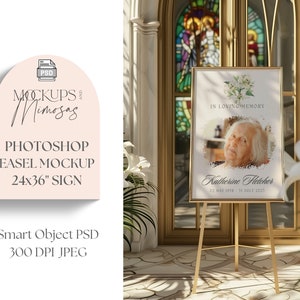 Puede incluir: Un caballete dorado con un cartel blanco que dice "In Loving Memory Katherine Fletcher 22 May 1938 - 31 July 2021". El cartel tiene un diseño floral con una foto de una mujer en el centro.