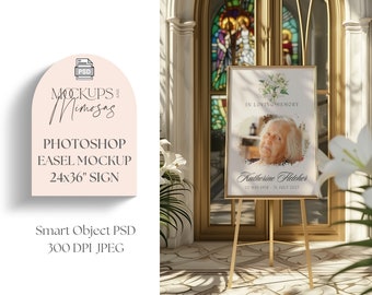 Easel PHOTOSHOP Mockup. Church Funeral sign with white Lilies, 2:3 Ratio. PSD Smart object.