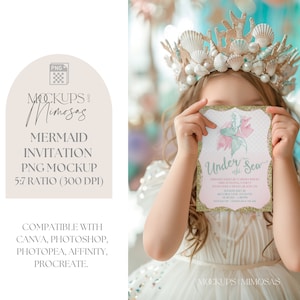 Mythisch Meerjungfrau Einladung Mockup. 5x7 inch Karte. Mädchenparty Mockup. Unter der Naht, Sirene und Muscheln. Transparentes PNG-Overlay.