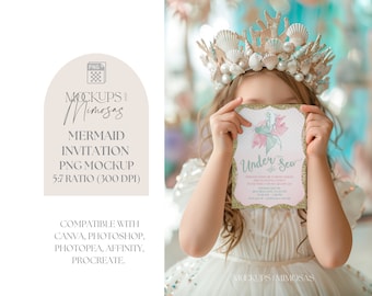 Mythical Mermaid Invitation Mockup. 5x7 inch Card. Girl's Party Mockup. Under the Seam, Siren and Seashells. Transparent PNG overlay.
