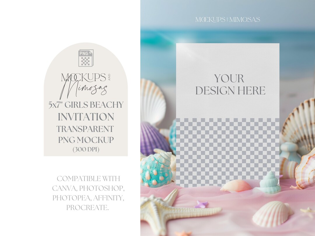 Girls Beachy Invitation Mockup. 5x7 Inch Card. Birthday Celebration ...