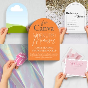 CANVA-handmodel. STICKER Mockup met hand. Canva MOCKUP-sjabloon. Mock-up voor briefpapier.
