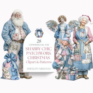 May include: Watercolor illustration featuring Santa Claus, an angel, an elf, and Mrs. Claus, all in patchwork clothing. A gift bag and presents are also included. The image has the text "28 COMMERCIAL USE SHABBY CHIC PATCHWORK CHRISTMAS Clip art & Patterns".