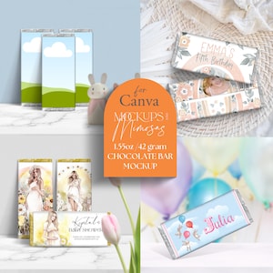May include: Mockup templates for 1.55 oz chocolate bar wrappers. The designs feature a variety of themes, including baby showers, birthdays, and general celebrations. The mockups are designed for use with Canva.
