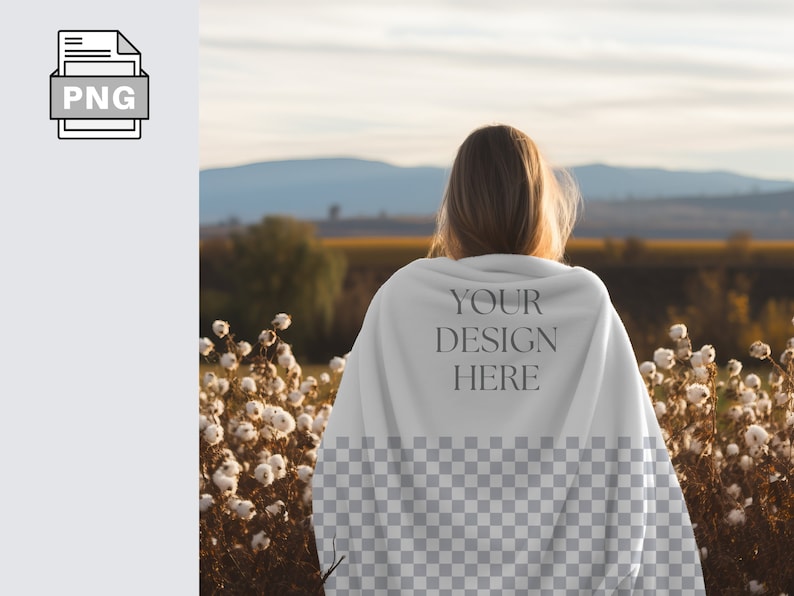 May include: A white blanket with the text "YOUR DESIGN HERE" printed on it. The blanket is draped over a person standing in a field of white cotton plants.