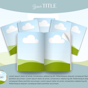 May include: A stack of blue and white books with green hills and white clouds on the covers. The books are open and the pages are blank. The background is a light blue sky with white clouds.