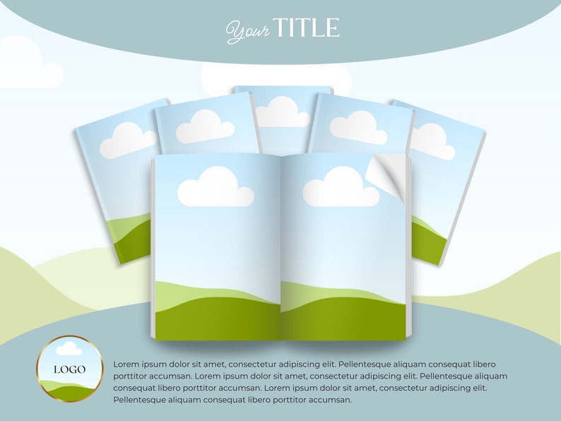 May include: A stack of blue and white books with green hills and white clouds on the covers. The books are open and the pages are blank. The background is a light blue sky with white clouds.