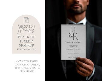 Male Tuxedo Invitation Mockup. Minimal Black tie, formal Wedding stationery. 5x7 inch Card.  Bachelor , Buck's Mockup. PNG overlay.