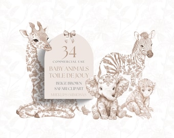 BABY Animals Toile De Jouy Safari clipart. Beige/Light Brown. Watercolour African clipart PNG&#39;s. Gender neutral Chinoiserie graphics.