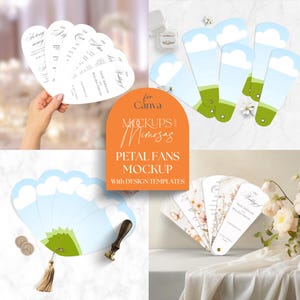 Könnte beinhalten: Eine Sammlung von Blütenblatt-Fächer-Mockups mit Designvorlagen. Die Fächer zeigen verschiedene Designs, darunter Wolken- und Landschaftsillustrationen, Blumenmuster und Hochzeitsdetails. Der Text "Mockups & Mimosas" ist sichtbar.