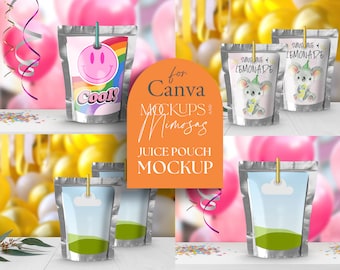 Maqueta de etiqueta para bolsa de jugo en Canva / Maqueta de obsequio para fiestas (Digital)