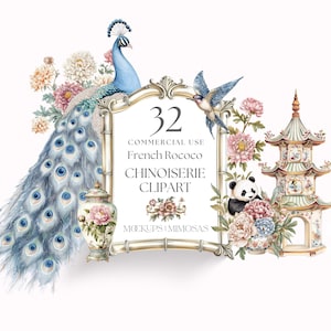 Chinoiserie Clipart Francês Rococó | Flores Orientais Vintage, Pagodes, Pavões, Grous, Vasos, Pandas, Molduras | 32 Gráficos PNG Pastel.