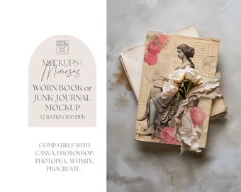 Junk Journal Mockup. Vintage Book cover Mockup. Feminine Flat-lay. PNG overlay.