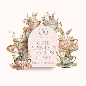 Coniglietti in tazze da tè in stile vintage Clipart. Conigli dell'acquerello. Fascino botanico del Vecchio Mondo. PNG trasparenti per uso commerciale.