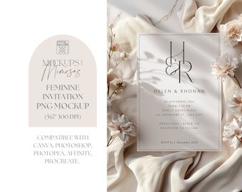 Minimal Boho Mockup. 5x7 inch Card. Elegant beige feminine Invitation Mockup. Wedding and Baby Shower. PNG overlay.