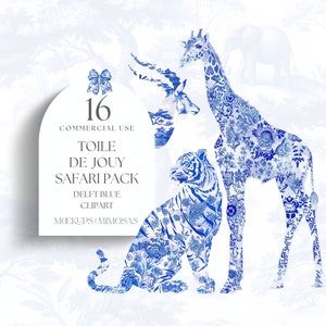 Toile De Jouy Safari/Jungle Animals clipart. Delftsblauwe aquarel chinoiserie clipart. Commercieel gebruik van png-bestanden.