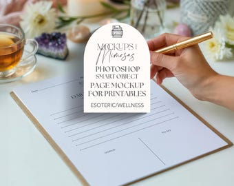 May include: A white page mockup with a clipboard, featuring the text "Mockups & Mimosas" and "Photoshop Smart Object Page Mockup for Printables". The page is 8.5 x 11 inches.