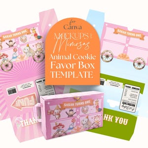 CANVA Animal Cookies or Cracker Box TEMPLATE. Baby Shower and Party favour. Editable packaging template. Drag and drop. SVG Box outline.