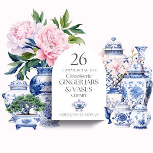 CHINOISERIE Gemberpotjes en vaas clipart. Aquarel Toile de Jouy-illustraties. Delftsblauwe bloemenafbeeldingen. Transparante png-bestanden.