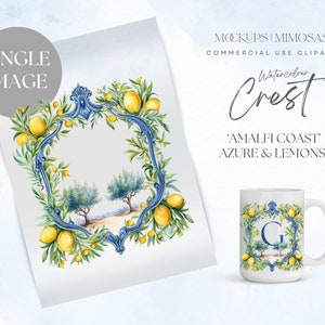 CREST di nozze del frutteto mediterraneo dell'acquerello: clipart estiva botanica di limoni e foglie, grafica dello stemma blu e giallo. PNG singolo.