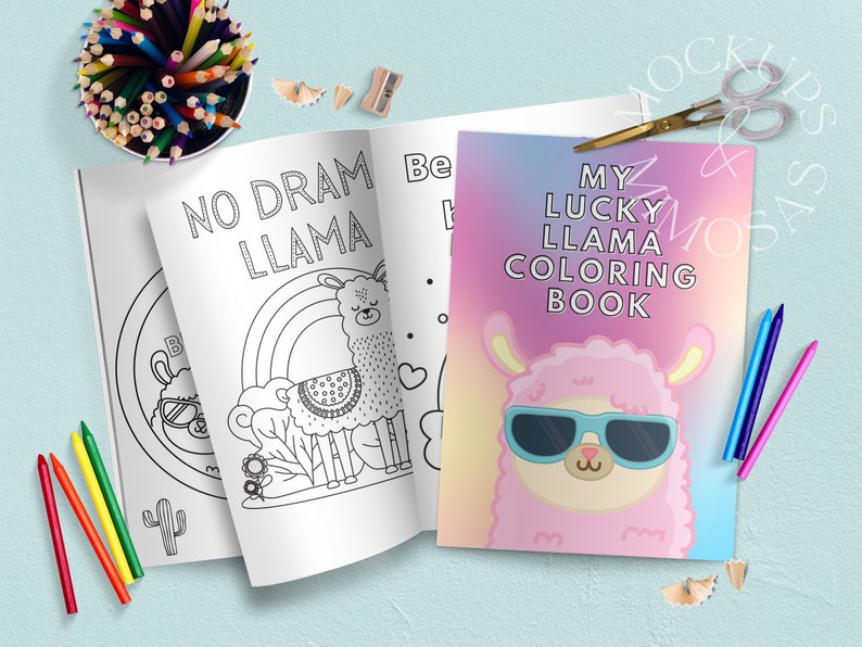 May include: A coloring book with a pink llama wearing sunglasses on the cover. The cover has a gradient background of pink, purple, and blue. The title of the book is "My Lucky Llama Coloring Book". The back of the book has a black and white illustration of a llama with a rainbow and the text "No Dram Llama".