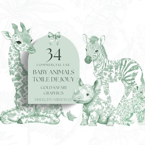 Clipart BABY Safari Animals Toile. Clipart carino GREEN Watercolor African Jungle. PNG per uso commerciale. Grafica cineserie.