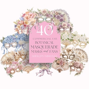 Blumen- und Spitzenmasken und -fächer Clip Art, NOLA-Grafik, New Orleans. Vintage-Stil Maskenball Clipart, 40 kommerzielle Nutzung PNG's.