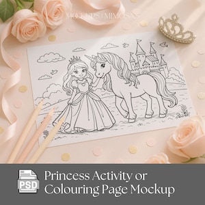 Peut inclure: Maquette de page de coloriage de princesse avec une princesse et une licorne devant un château. L'image comprend des crayons, des roses et une couronne de bijoux. Le texte indique "Princess Activity or Colouring Page Mockup".