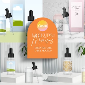 CANVA Essential Oil Bottle LABEL MOCKUP.  Oil Dropper Bottle Mockup. Beauty label mock template. Glass Apothecary Bottle.