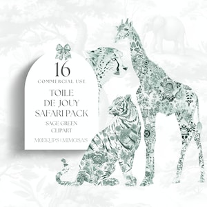 以下が含まれることがあります： キリン、チーター、トラ、ゾウなど、セージグリーンの16種類のサファリ動物のイラストのセット。動物は黒で縁取られ、トワルドジュイのパターンが施されています。画像には「Toile de Jouy Safari Pack」というテキストが含まれています。