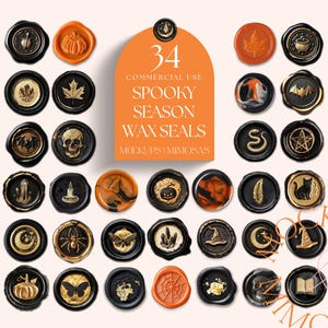 Spooky Season Wax Seals. Halloween, Fall Orange, Black and Gold Pumpkins, Skulls, Snake, Bats, Witchy Vibes. PNG Clipart. Digital stickers.