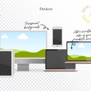 Peut inclure: Maquette d'un ordinateur de bureau, d'un ordinateur portable, d'une tablette et d'un smartphone avec un fond de collines vertes et de ciel bleu. Le texte "Transparent backgrounds" et "Devices" est visible sur l'image. Le texte "Mockups & Mimosas" est dans un cercle avec un sch&eacute;ma de couleurs rose et orange. Le texte "Add a scrolling video of your website here!" est &eacute;crit en noir.