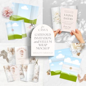 Hochzeits- und Ereigniseinladung Mockup-Vorlage | Torfaltkarte, Pergaminverpackung, Bauchband & A7-Umschlag Mockup CANVA.