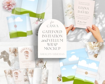 Wedding Invitation Mockup: Gatefold, Vellum Wrap, Belly Band (CANVA Template)