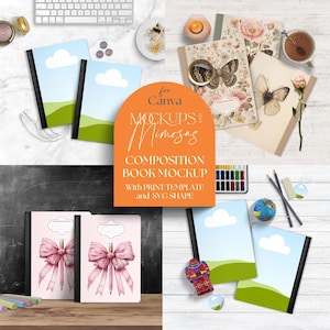 Könnte beinhalten: Ein Composition Book Mockup für Canva mit einem floralen Design und einem Textüberlagerung, die "Mockups and Mimosa's Composition Book Mockup with Print Template and SVG Shape" lautet. Das Mockup befindet sich auf einer weißen Holzoberfläche mit anderen Schulmaterialien, darunter Bleistifte, Buntstifte, ein Globus und eine Aquarellfarbpalette.