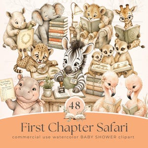Puede incluir: Ilustración en acuarela con varios animales de safari, incluyendo un rinoceronte, un elefante, un león, una jirafa, un guepardo, una cebra, un suricato, un hipopótamo y flamencos, leyendo libros. El texto "First Chapter Safari" y "48".