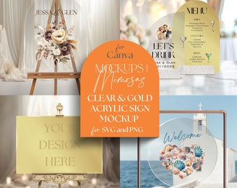 Acrylic Wedding Sign Mockup, Clear and Gold, Canva Template (Digital)