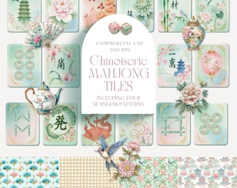 May include: A collection of rectangular Mahjong tiles featuring Chinoiserie-inspired illustrations of pagodas, flowers, dragons, and bamboo, alongside four seamless patterns, a folding fan, a teapot, and a bird with floral accents.