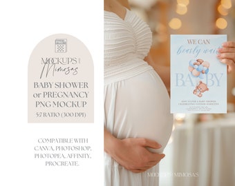 Baby Shower Invitation Mockup. 5x7 inch Card. Pregnancy announcement. Hand holding card. Transparent PNG overlay.