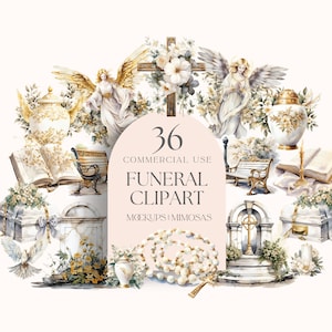 Colección de imágenes prediseñadas de funerales y religiones: acuarela conmemorativa. Lápidas, cruces, palomas, ángeles y más. Blanco y dorado.