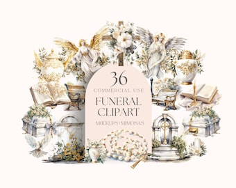 FUNERAL and RELIGIOUS Clipart Collection - Memorial Watercolour collection. Headstones, Crosses, Doves, Angels and more. White and Gold.