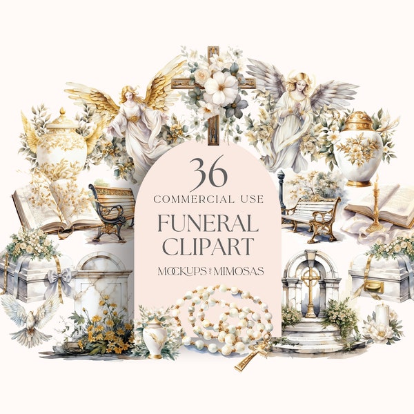 FUNERAL and RELIGIOUS Clipart Collection - Memorial Watercolour collection. Headstones, Crosses, Doves, Angels and more. White and Gold.